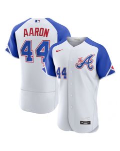 Men's Atlanta Braves #44 Hank Aaron White 2023 City Connect Flex Base Stitched Jersey