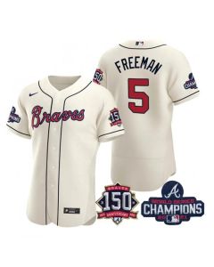 Men's Atlanta Braves #5 Freddie Freeman 2021 Cream World Series Champions With 150th Anniversary Flex Base Stitched Jersey