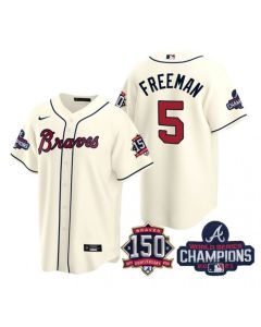 Men's Atlanta Braves #5 Freddie Freeman 2021 Cream World Series Champions With 150th Anniversary Patch Cool Base Stitched Jersey