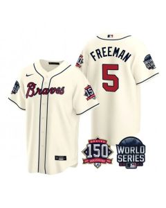 Men's Atlanta Braves #5 Freddie Freeman 2021 Cream World Series With 150th Anniversary Patch Cool Base Stitched Jersey