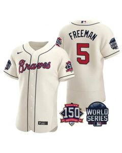 Men's Atlanta Braves #5 Freddie Freeman 2021 Cream World Series With 150th Anniversary Patch Stitched Baseball Jersey