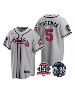 Men's Atlanta Braves #5 Freddie Freeman 2021 Gray World Series With 150th Anniversary Patch Cool Base Stitched Jersey
