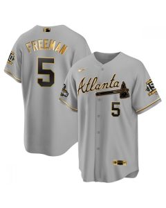 Men's Atlanta Braves #5 Freddie Freeman 2021 Grey/Gold World Series Champions With 150th Anniversary Patch Cool Base Stitched Jersey