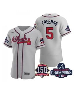 Men's Atlanta Braves #5 Freddie Freeman 2021 Grey World Series Champions With 150th Anniversary Flex Base Stitched Jersey