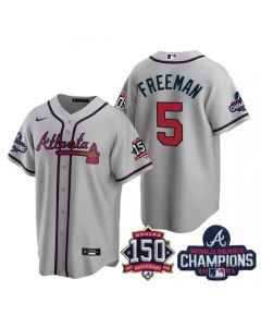 Men's Atlanta Braves #5 Freddie Freeman 2021 Grey World Series Champions With 150th Anniversary Patch Cool Base Stitched Jersey