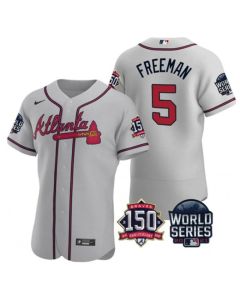 Men's Atlanta Braves #5 Freddie Freeman 2021 Grey World Series With 150th Anniversary Patch Stitched Baseball Jersey