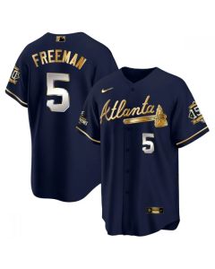 Men's Atlanta Braves #5 Freddie Freeman 2021 Navy/Gold World Series Champions With 150th Anniversary Patch Cool Base Stitched Jersey