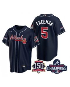 Men's Atlanta Braves #5 Freddie Freeman 2021 Navy World Series Champions With 150th Anniversary Patch Cool Base Stitched Jersey