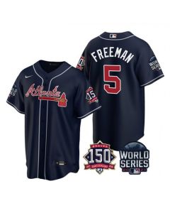 Men's Atlanta Braves #5 Freddie Freeman 2021 Navy World Series With 150th Anniversary Patch Cool Base Stitched Jersey