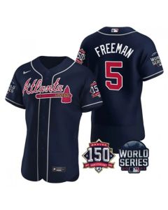 Men's Atlanta Braves #5 Freddie Freeman 2021 Navy World Series With 150th Anniversary Patch Stitched Baseball Jersey (Navy)
