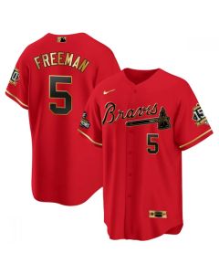 Men's Atlanta Braves #5 Freddie Freeman 2021 Red/Gold World Series Champions With 150th Anniversary Patch Cool Base Stitched Jersey