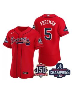 Men's Atlanta Braves #5 Freddie Freeman 2021 Red World Series Champions With 150th Anniversary Flex Base Stitched Jersey