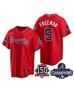 Men's Atlanta Braves #5 Freddie Freeman 2021 Red World Series Champions With 150th Anniversary Patch Cool Base Stitched Jersey