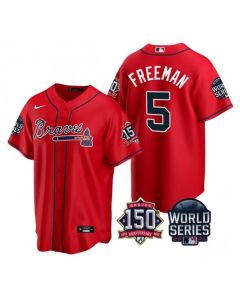 Men's Atlanta Braves #5 Freddie Freeman 2021 Red World Series With 150th Anniversary Patch Cool Base Stitched Jersey