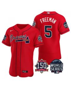 Men's Atlanta Braves #5 Freddie Freeman 2021 Red World Series With 150th Anniversary Patch Stitched Baseball Jersey