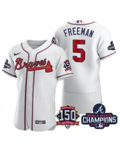 Men's Atlanta Braves #5 Freddie Freeman 2021 White World Series Champions With 150th Anniversary Flex Base Stitched Jersey