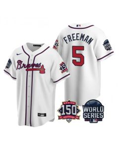 Men's Atlanta Braves #5 Freddie Freeman 2021 White World Series With 150th Anniversary Patch Cool Base Stitched Jersey