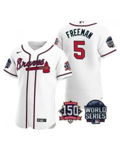 Men's Atlanta Braves #5 Freddie Freeman 2021 White World Series With 150th Anniversary Patch Stitched Baseball Jersey