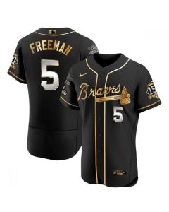 Men's Atlanta Braves #5 Freddie Freeman Black Golden World Series Champions With 150th Anniversary Patch Flex Base Stitched Jersey