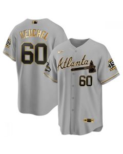 Men's Atlanta Braves #60 Dallas Keuchel 2021 Grey/Gold World Series Champions With 150th Anniversary Patch Cool Base Stitched Jersey