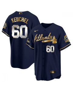 Men's Atlanta Braves #60 Dallas Keuchel 2021 Navy/Gold World Series Champions With 150th Anniversary Patch Cool Base Stitched Jersey