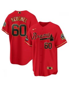 Men's Atlanta Braves #60 Dallas Keuchel Red/Gold World Series Champions With 150th Anniversary Patch Cool Base Stitched Jersey