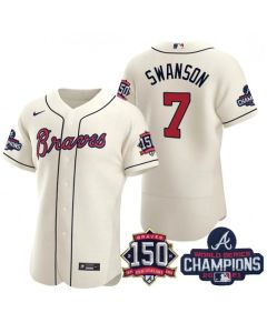 Men's Atlanta Braves #7 Dansby Swanson 2021 Cream World Series Champions With 150th Anniversary Flex Base Stitched Jersey