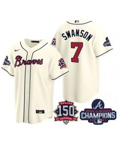 Men's Atlanta Braves #7 Dansby Swanson 2021 Cream World Series Champions With 150th Anniversary Patch Cool Base Stitched Jersey