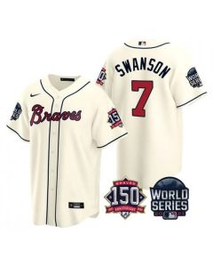 Men's Atlanta Braves #7 Dansby Swanson 2021 Cream World Series With 150th Anniversary Patch Cool Base Stitched Jersey