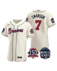 Men's Atlanta Braves #7 Dansby Swanson 2021 Cream World Series With 150th Anniversary Patch Stitched Baseball Jersey