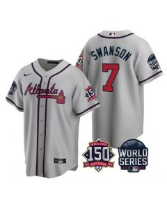 Men's Atlanta Braves #7 Dansby Swanson 2021 Gray World Series With 150th Anniversary Patch Cool Base Stitched Jersey