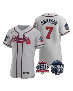 Men's Atlanta Braves #7 Dansby Swanson 2021 Gray World Series With 150th Anniversary Patch Stitched Baseball Jersey