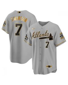 Men's Atlanta Braves #7 Dansby Swanson 2021 Grey/Gold World Series Champions With 150th Anniversary Patch Cool Base Stitched Jersey