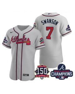 Men's Atlanta Braves #7 Dansby Swanson 2021 Grey World Series Champions With 150th Anniversary Flex Base Stitched Jersey