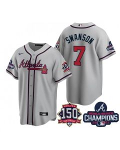 Men's Atlanta Braves #7 Dansby Swanson 2021 Grey World Series Champions With 150th Anniversary Patch Cool Base Stitched Jersey
