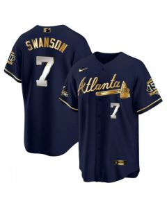 Men's Atlanta Braves #7 Dansby Swanson 2021 Navy/Gold World Series Champions With 150th Anniversary Patch Cool Base Stitched Jersey