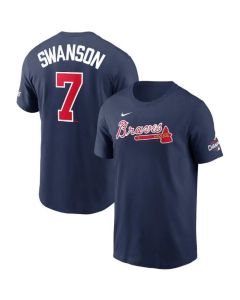 Men's Atlanta Braves #7 Dansby Swanson 2021 Navy World Series Champions Player Name & Number T-Shirt