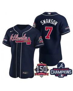 Men's Atlanta Braves #7 Dansby Swanson 2021 Navy World Series Champions With 150th Anniversary Flex Base Stitched Jersey