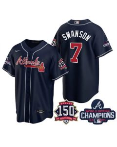 Men's Atlanta Braves #7 Dansby Swanson 2021 Navy World Series Champions With 150th Anniversary Patch Cool Base Stitched Jersey