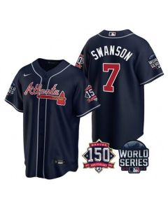 Men's Atlanta Braves #7 Dansby Swanson 2021 Navy World Series With 150th Anniversary Patch Cool Base Stitched Jersey