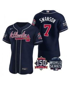 Men's Atlanta Braves #7 Dansby Swanson 2021 Navy World Series With 150th Anniversary Patch Stitched Baseball Jersey