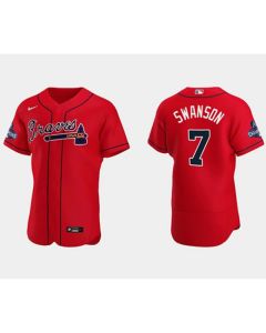 Men's Atlanta Braves #7 Dansby Swanson 2021 Red World Series Champions Flex Base Stitched Jersey