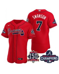 Men's Atlanta Braves #7 Dansby Swanson 2021 Red World Series Champions With 150th Anniversary Flex Base Stitched Jersey