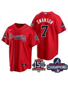 Men's Atlanta Braves #7 Dansby Swanson 2021 Red World Series Champions With 150th Anniversary Patch Cool Base Stitched Jersey