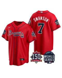 Men's Atlanta Braves #7 Dansby Swanson 2021 Red World Series With 150th Anniversary Patch Cool Base Stitched Jersey