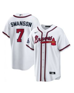 Men's Atlanta Braves #7 Dansby Swanson 2021 White World Series Champions Cool Base Stitched Jersey