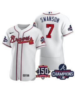Men's Atlanta Braves #7 Dansby Swanson 2021 White World Series Champions With 150th Anniversary Flex Base Stitched Jersey