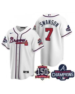 Men's Atlanta Braves #7 Dansby Swanson 2021 White World Series Champions With 150th Anniversary Patch Cool Base Stitched Jersey