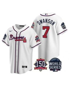 Men's Atlanta Braves #7 Dansby Swanson 2021 White World Series With 150th Anniversary Patch Cool Base Stitched Jersey