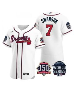 Men's Atlanta Braves #7 Dansby Swanson 2021 White World Series With 150th Anniversary Patch Stitched Baseball Jersey